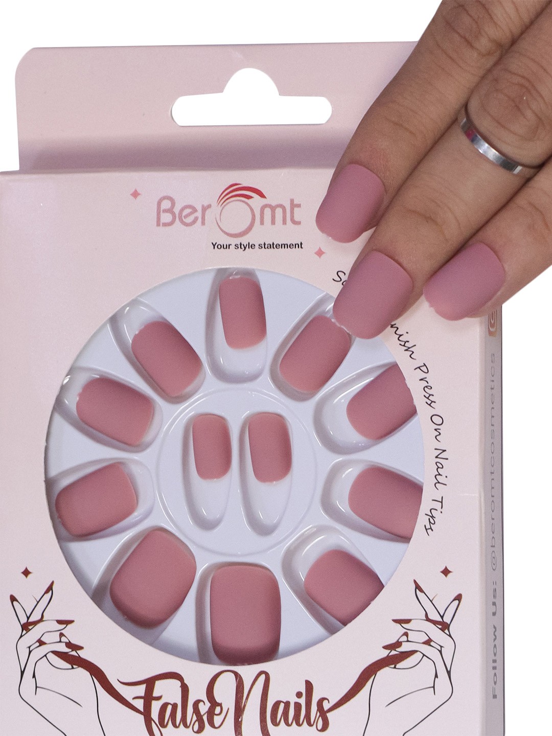 

BEROMT 12 Pcs Long-Lasting Premium Matte Salon Finish Press On Nails - Shade 507, Rose