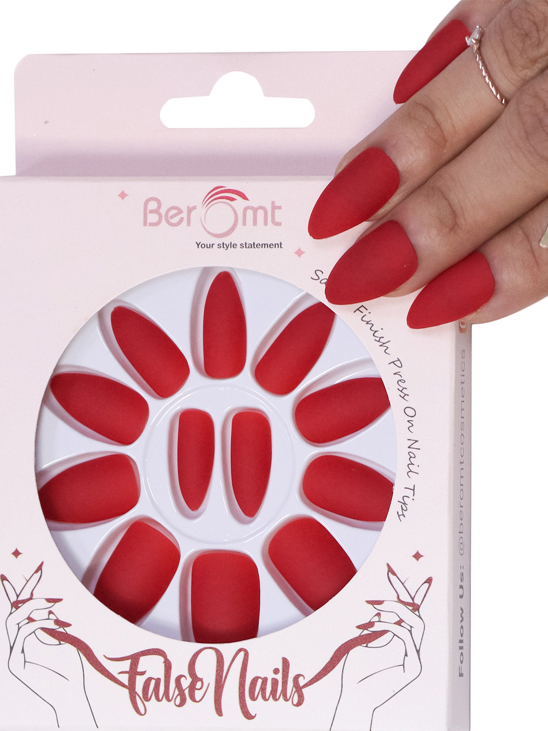 

BEROMT 12 Pcs Long-Lasting Premium Matte Salon Finish Press On Nails - Shade 448, Red