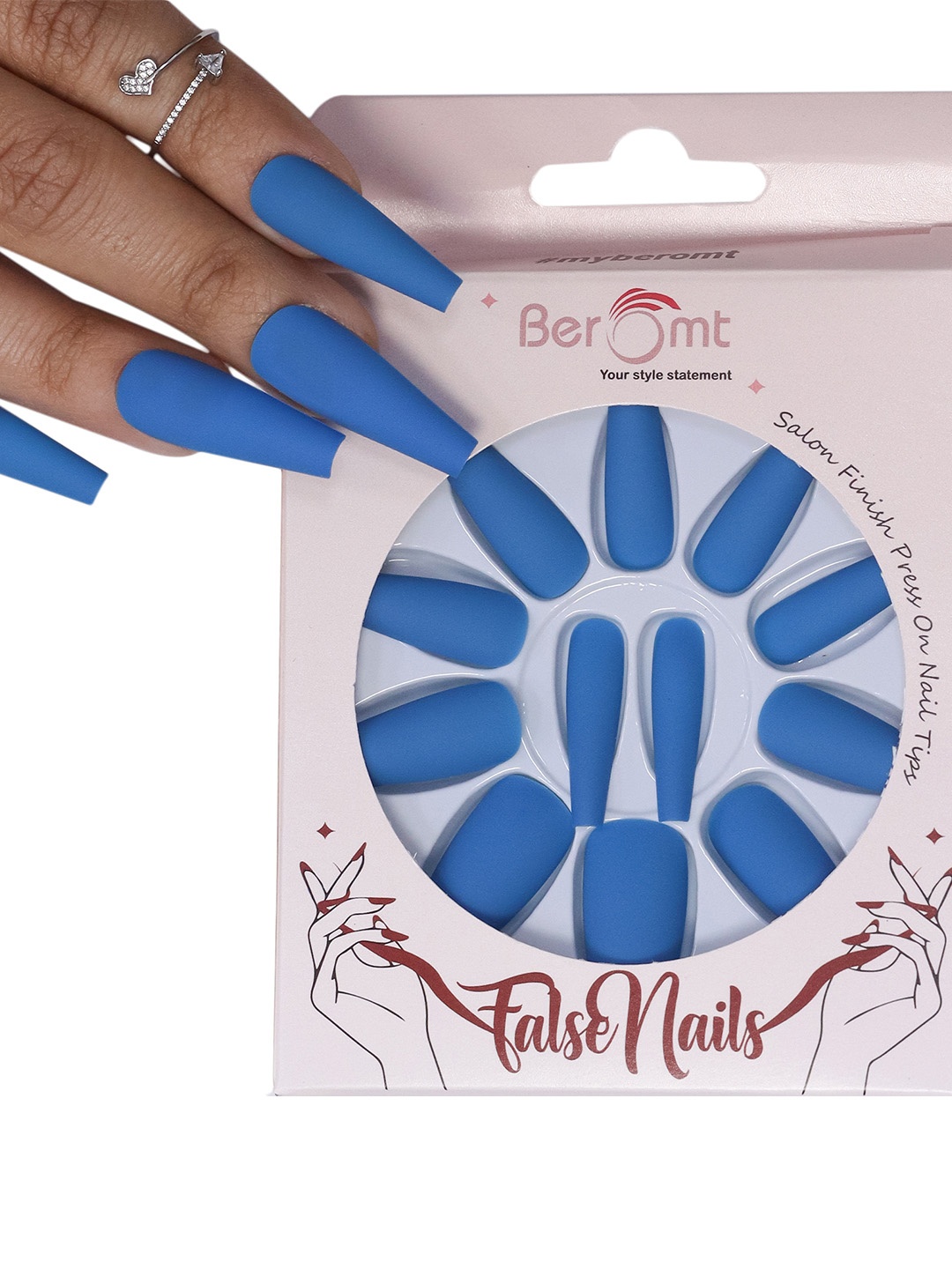 

BEROMT 12 Pcs Long-Lasting Reusable Lightweight Salon Finish Press on Nail Tips-541, Blue