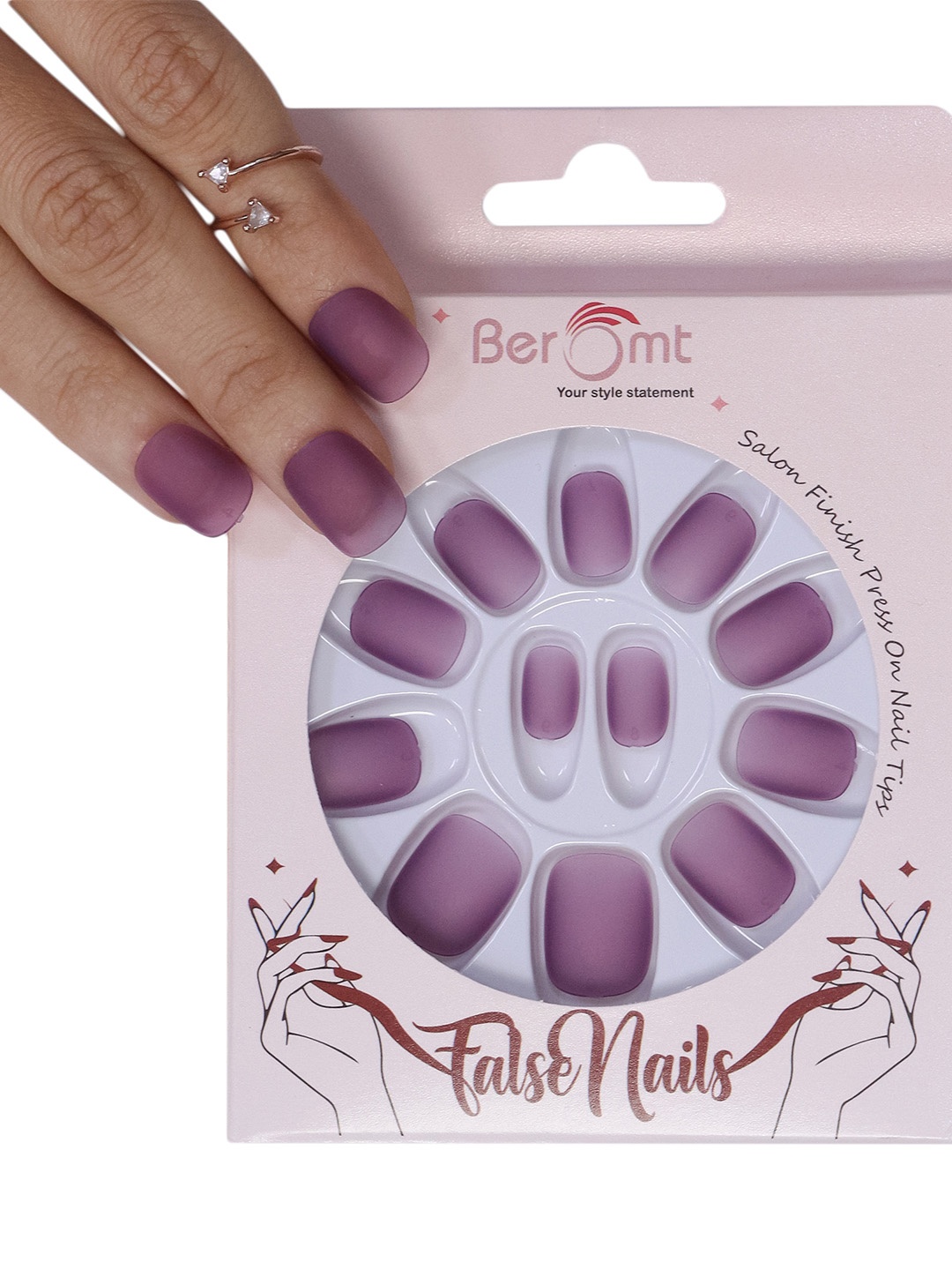

BEROMT 12 Pcs Long-Lasting Premium Matte Salon Finish Press On Nails - Shade 458, Purple