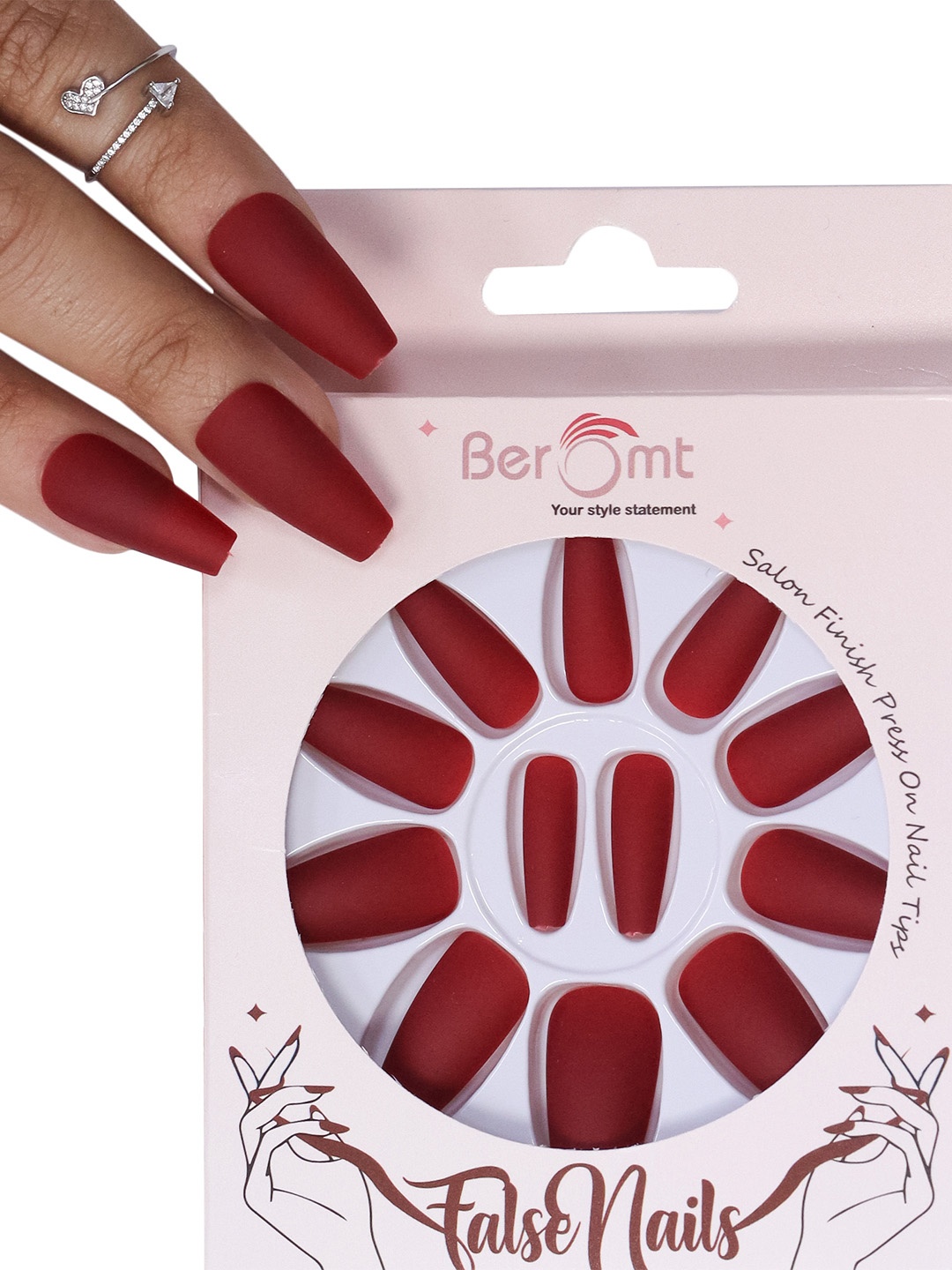 

BEROMT Salon Finish Premium Matte Press-On False Nail Tips Kit - Shade 533, Red