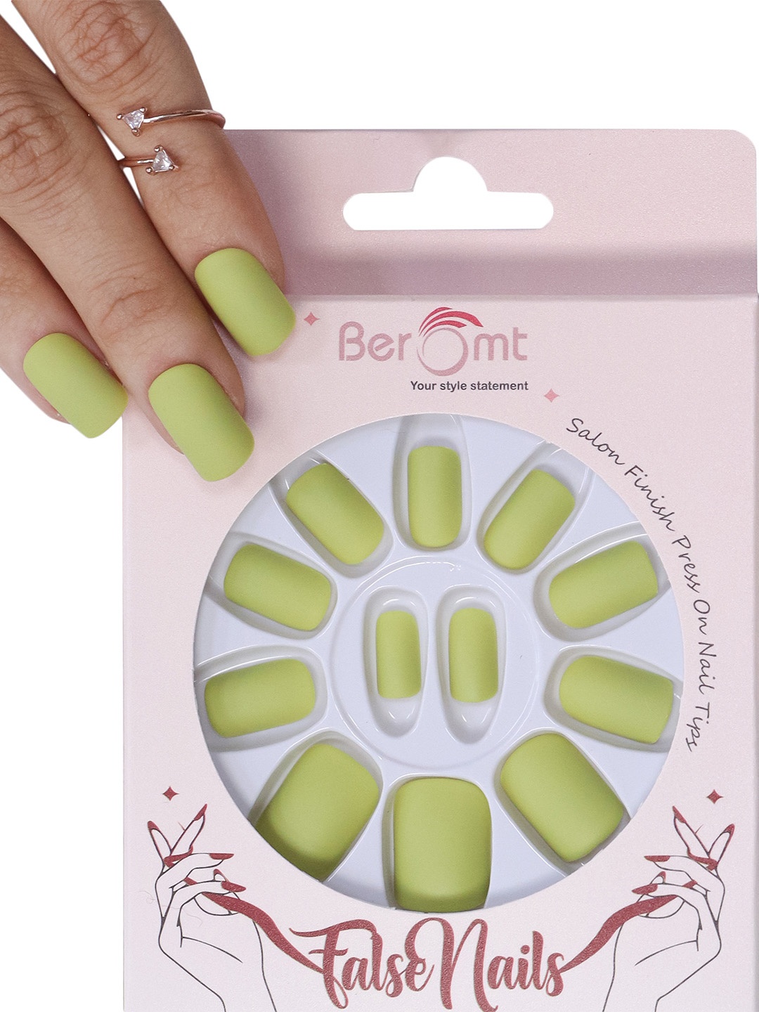 

BEROMT 12 Pcs Long-Lasting Premium Matte Salon Finish Press On Nails - Shade 440, Green