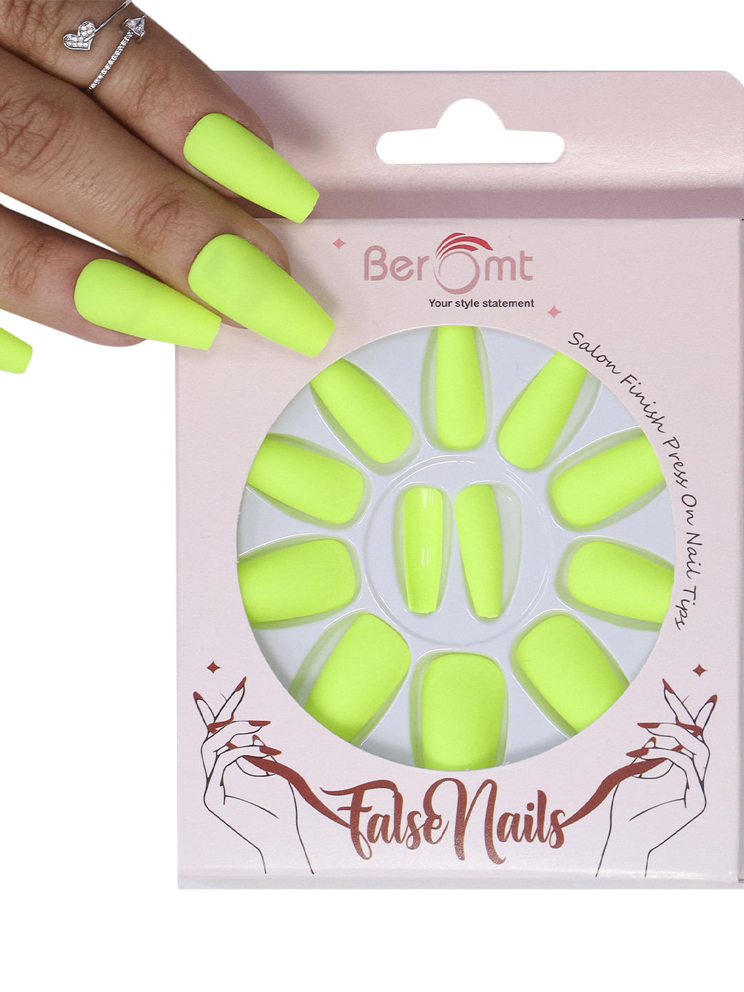 

BEROMT 12 Pcs Long-Lasting Premium Matte Salon Finish Press On Nails - Shade 527, Yellow