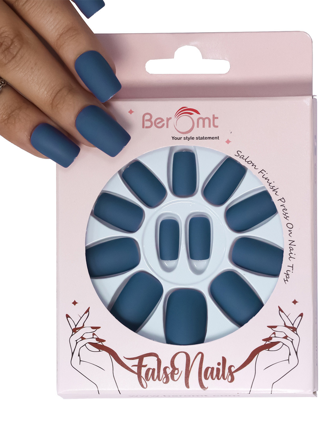 

BEROMT 12 Pcs Long-Lasting Premium Matte Salon Finish Press On Nails - Shade 512, Navy blue