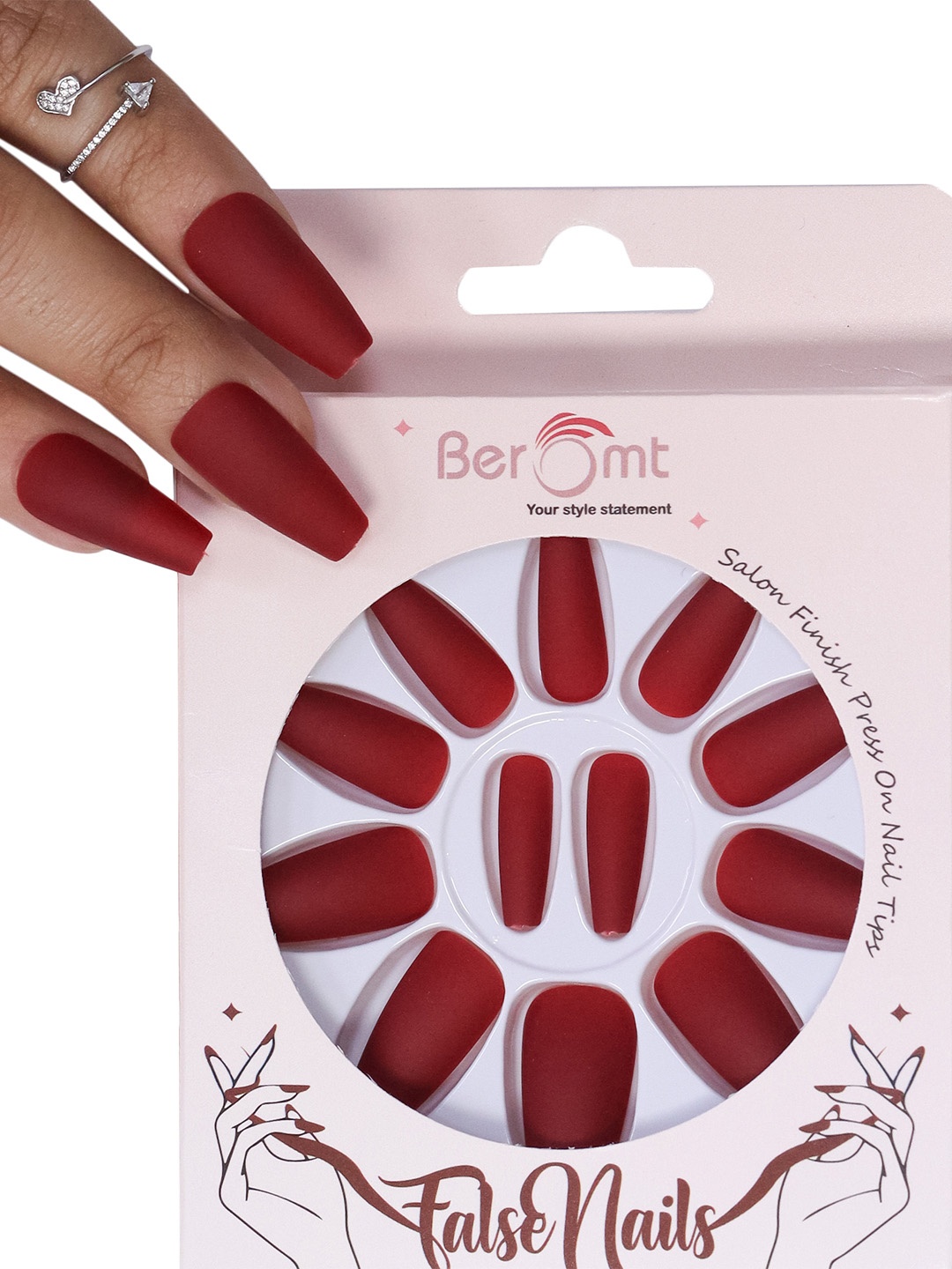 

BEROMT 12 Pcs Long-Lasting Premium Matte Salon Finish Press On Nails - Shade 524, Red