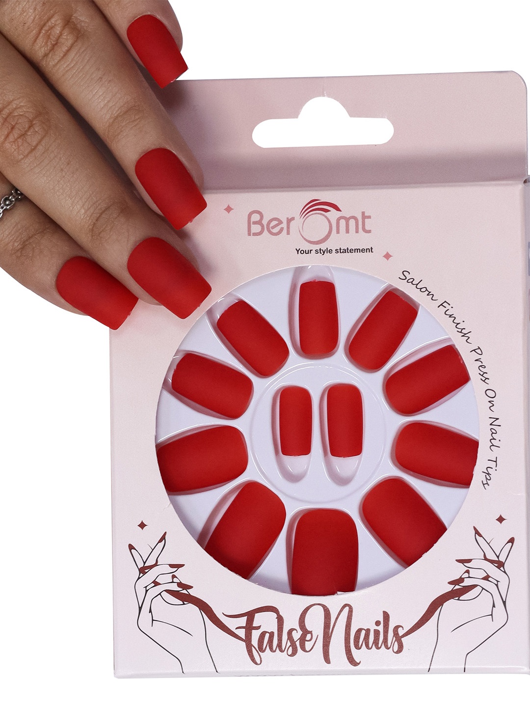 

BEROMT 12 Pcs Long-Lasting Premium Matte Salon Finish Press On Nails - Shade 443, Red