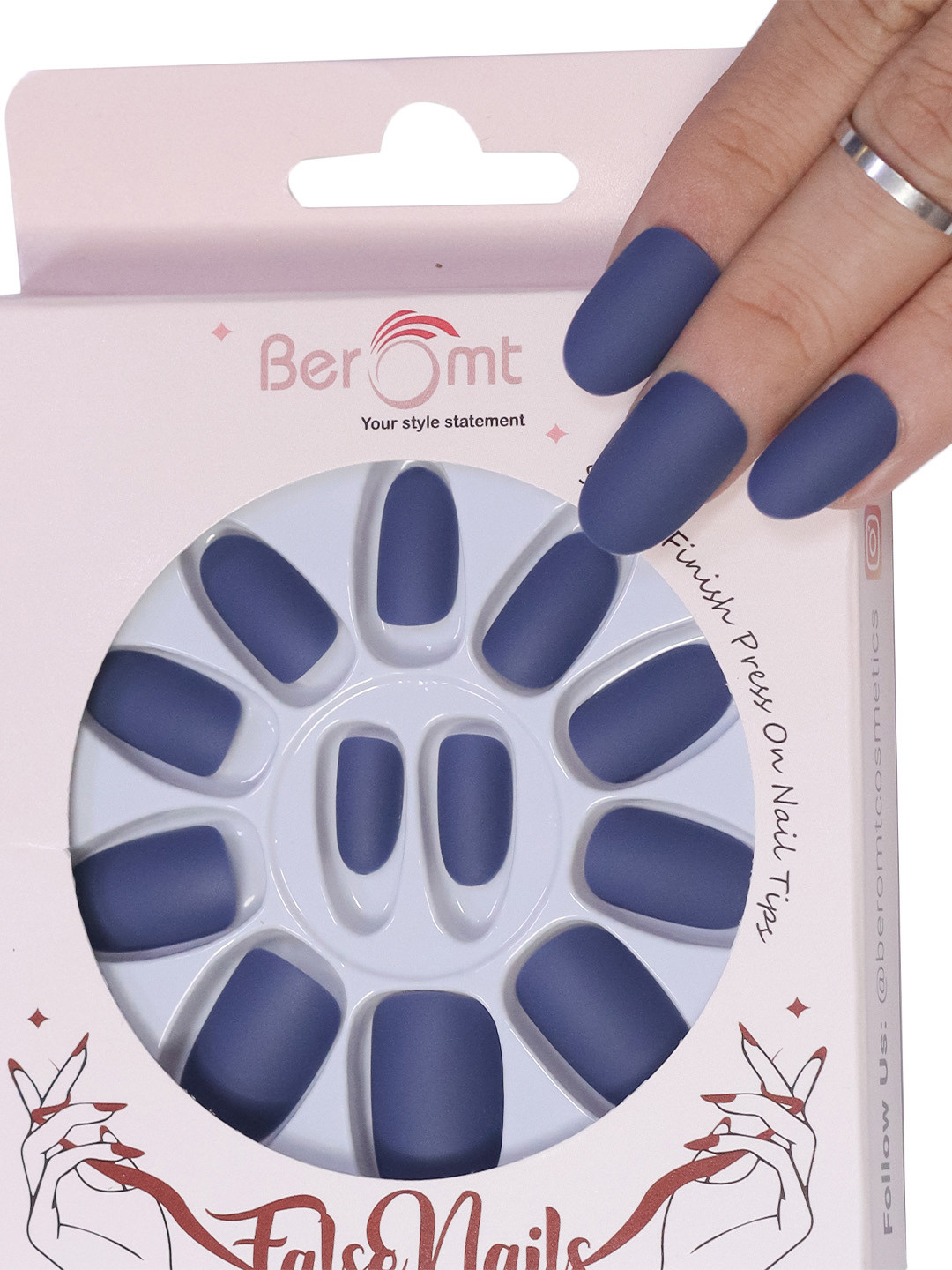

BEROMT 12 Pcs Long-Lasting Premium Matte Salon Finish Press On Nails - Shade 500, Navy blue