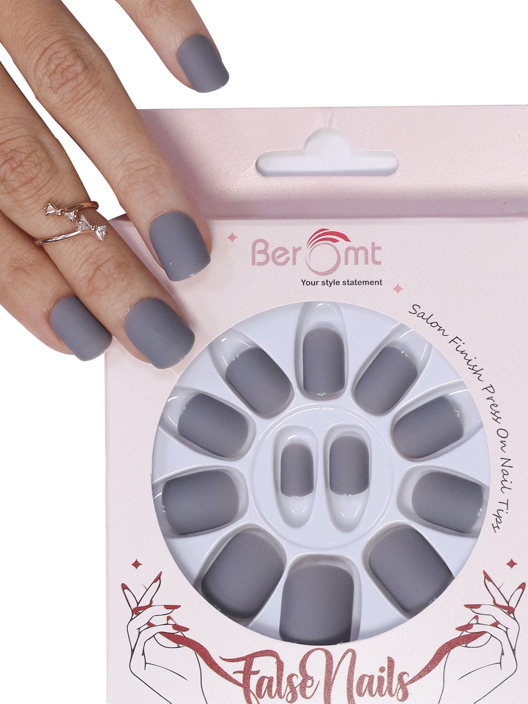 

BEROMT 12 Pcs Long-Lasting Premium Matte Salon Finish Press On Nails - Shade 428, Grey