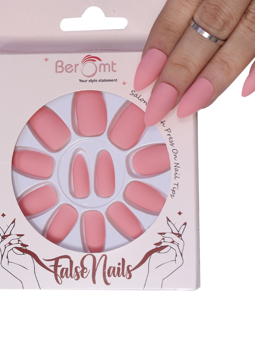 

BEROMT 12 Pcs Long-Lasting Premium Matte Salon Finish Press On Nails - Shade 509, Pink