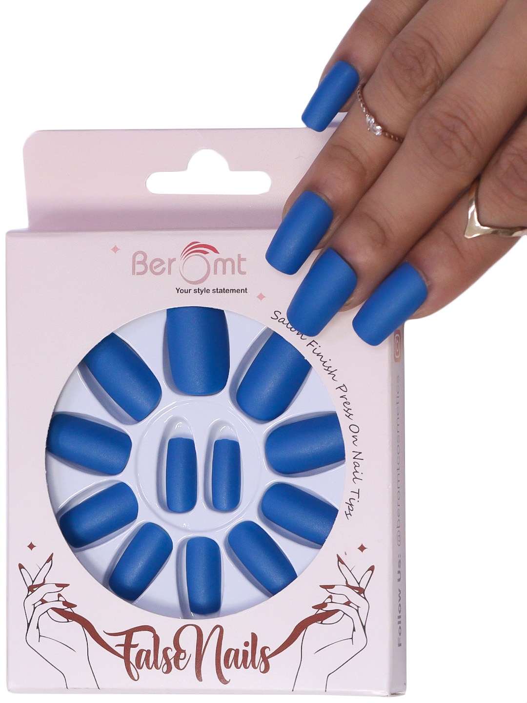 

BEROMT 12 Pcs Long-Lasting Premium Matte Salon Finish Press On Nails - Shade 476, Blue