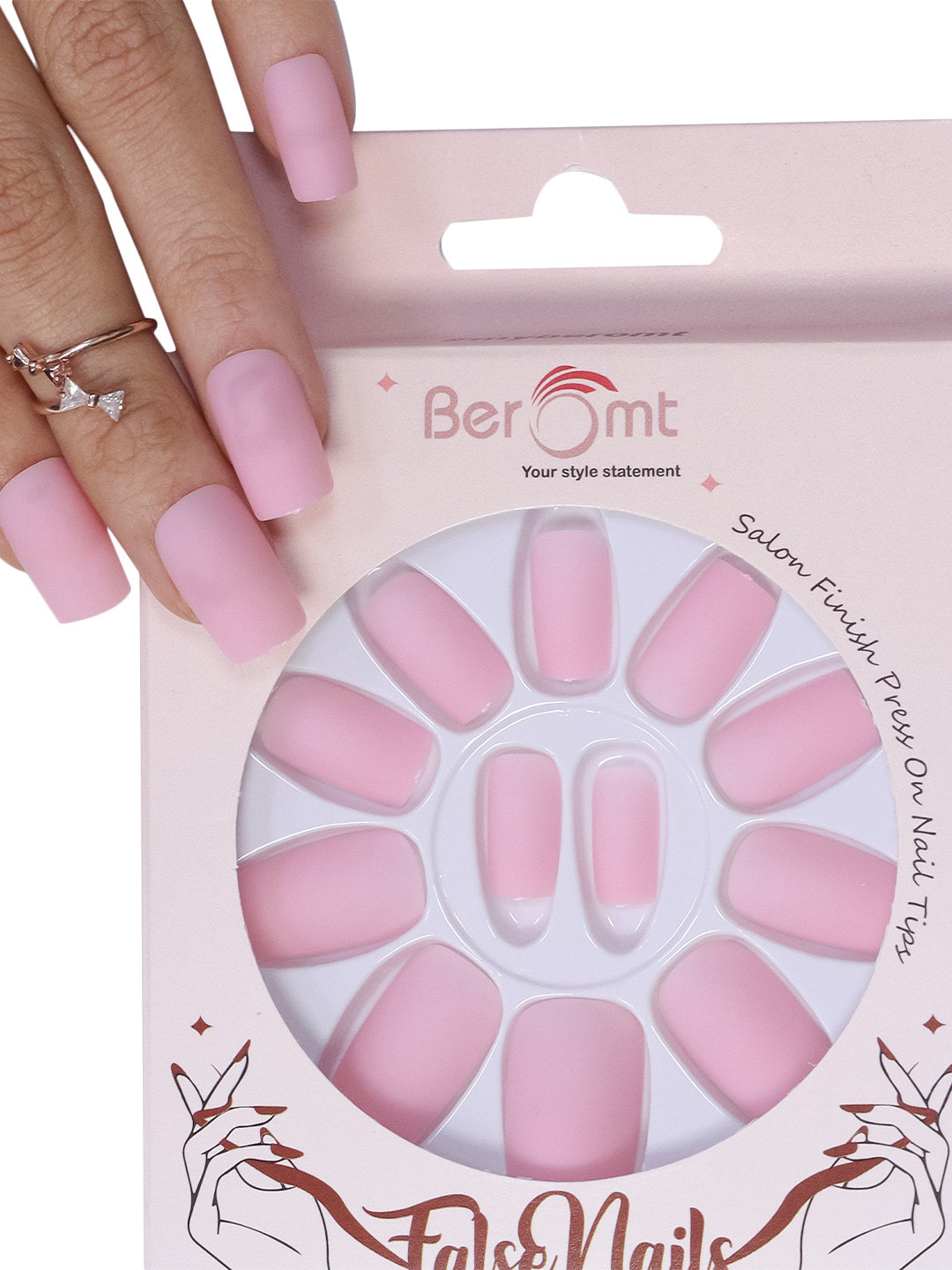 

BEROMT 12 Pcs Long-Lasting Premium Matte Salon Finish Press On Nails - Shade 491, Pink