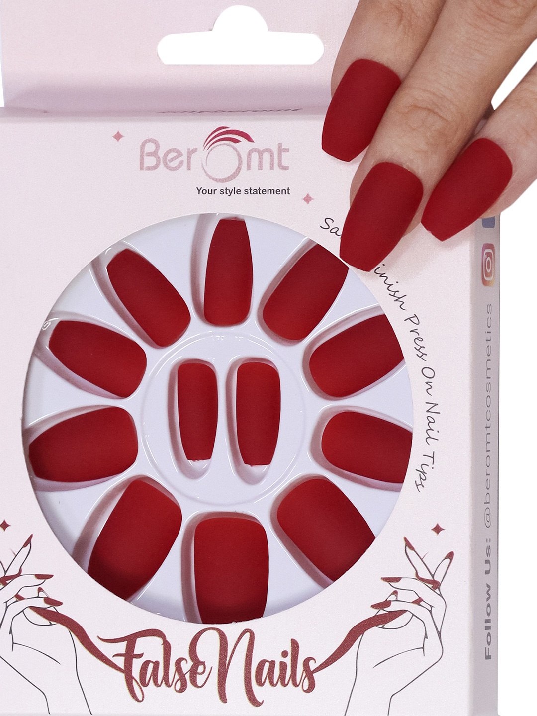 

BEROMT 12 Pcs Long-Lasting Premium Matte Salon Finish Press On Nails - Shade 494, Red