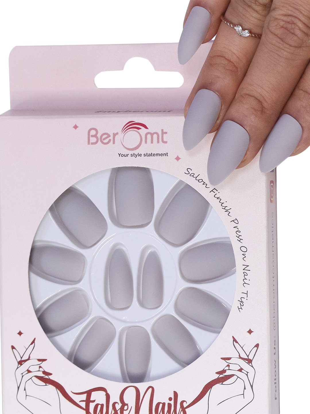 

BEROMT 12 Pcs Long-Lasting Reusable Lightweight Salon Finish Press on Nail Tips-404, Lavender