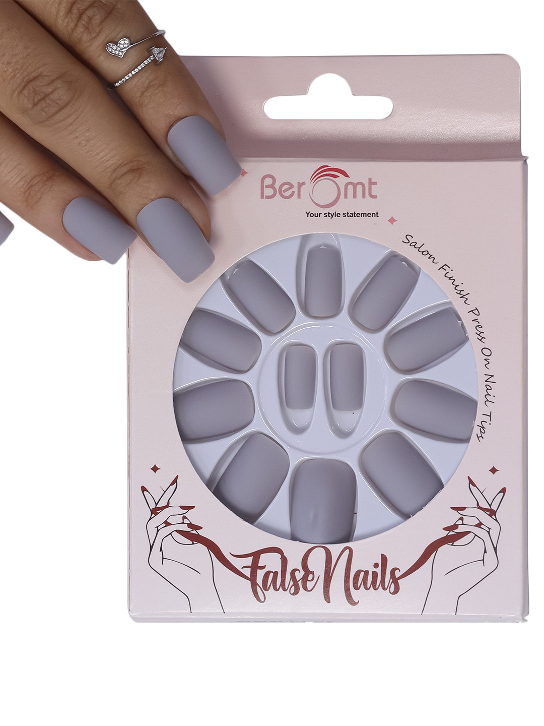 

BEROMT 12 Pcs Long-Lasting Premium Matte Salon Finish Press On Nails - Shade 488, Grey