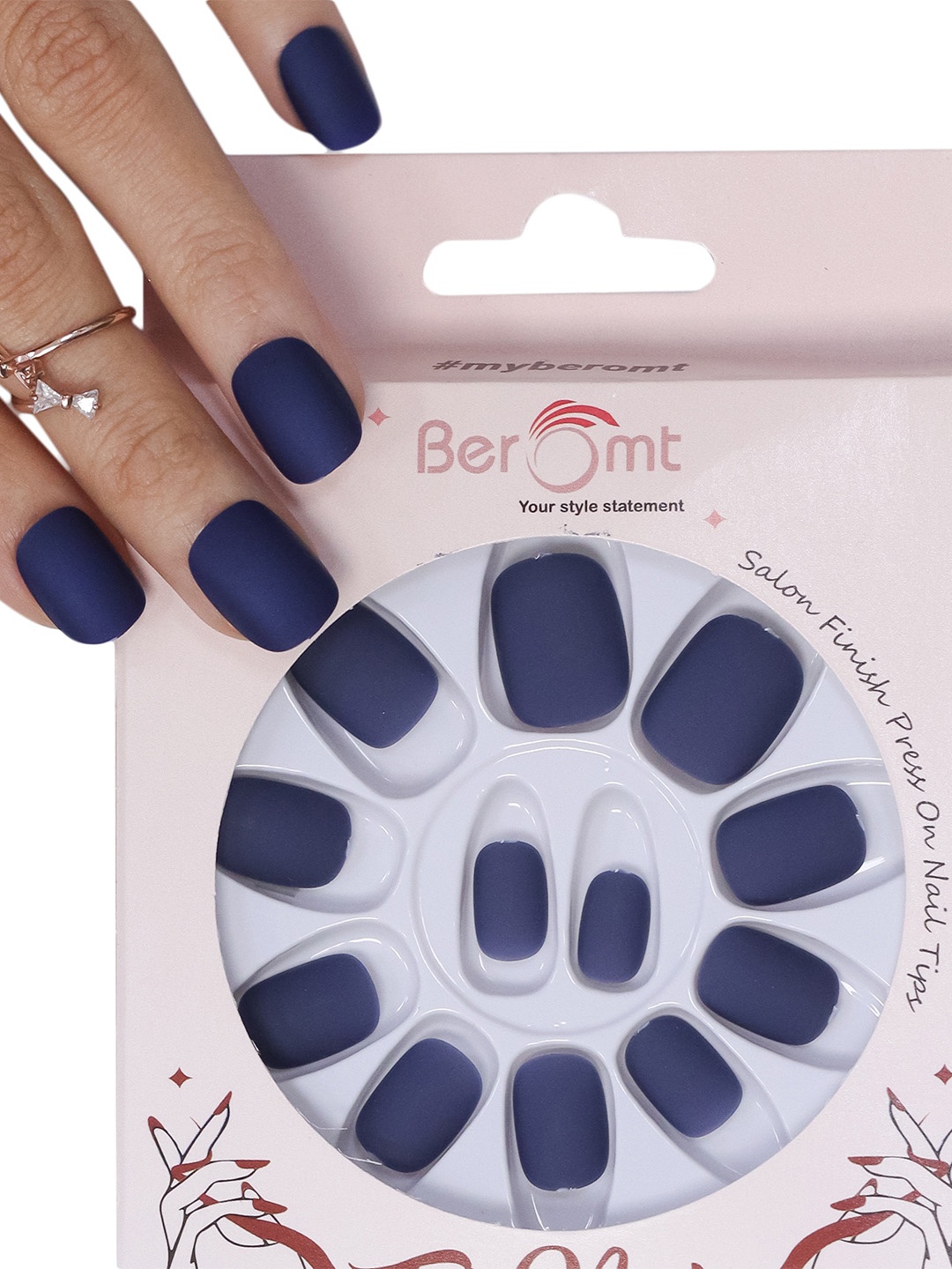 

BEROMT 12 Pcs Long-Lasting Premium Matte Salon Finish Press On Nails - Shade 485, Navy blue