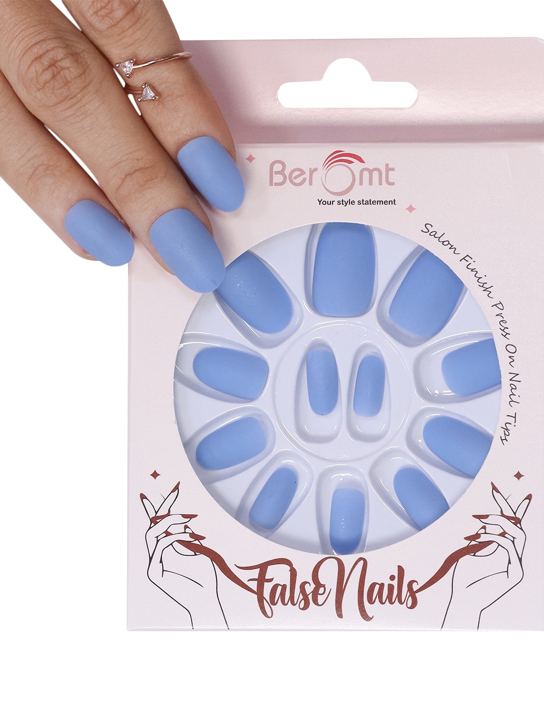 

BEROMT 12 Pcs Long-Lasting Premium Matte Salon Finish Press On Nails - Shade 479, Blue