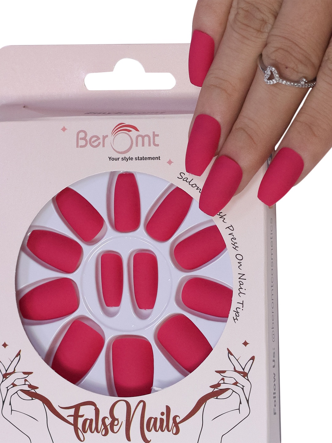 

BEROMT 12 Pcs Long-Lasting Premium Matte Salon Finish Press On Nails - Shade 550, Pink