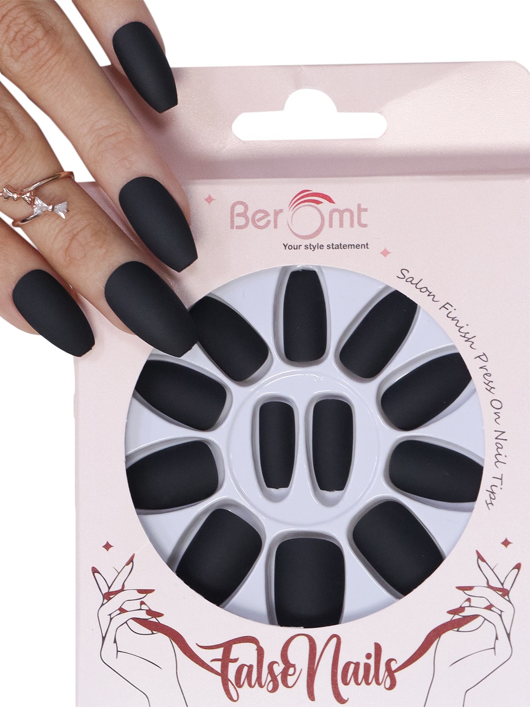 

BEROMT 12 Pcs Long-Lasting Reusable Lightweight Salon Finish Press on Nail Tips-422, Black