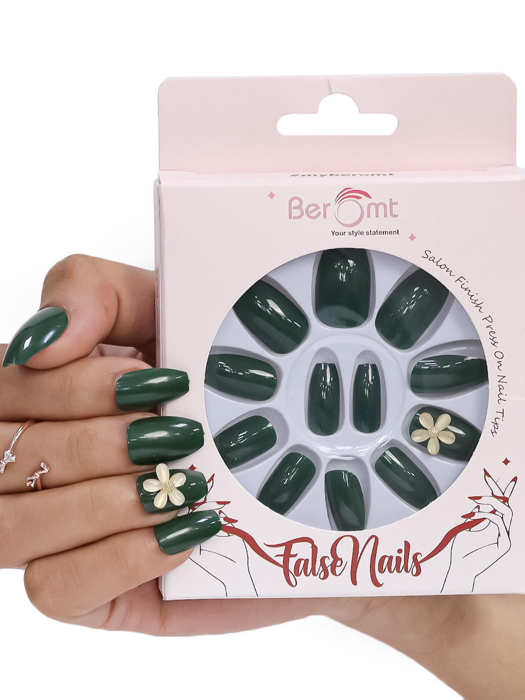 

BEROMT 12 Pcs Long-Lasting Reusable Lightweight Salon Finish Press on Nail Tips - 01, Green