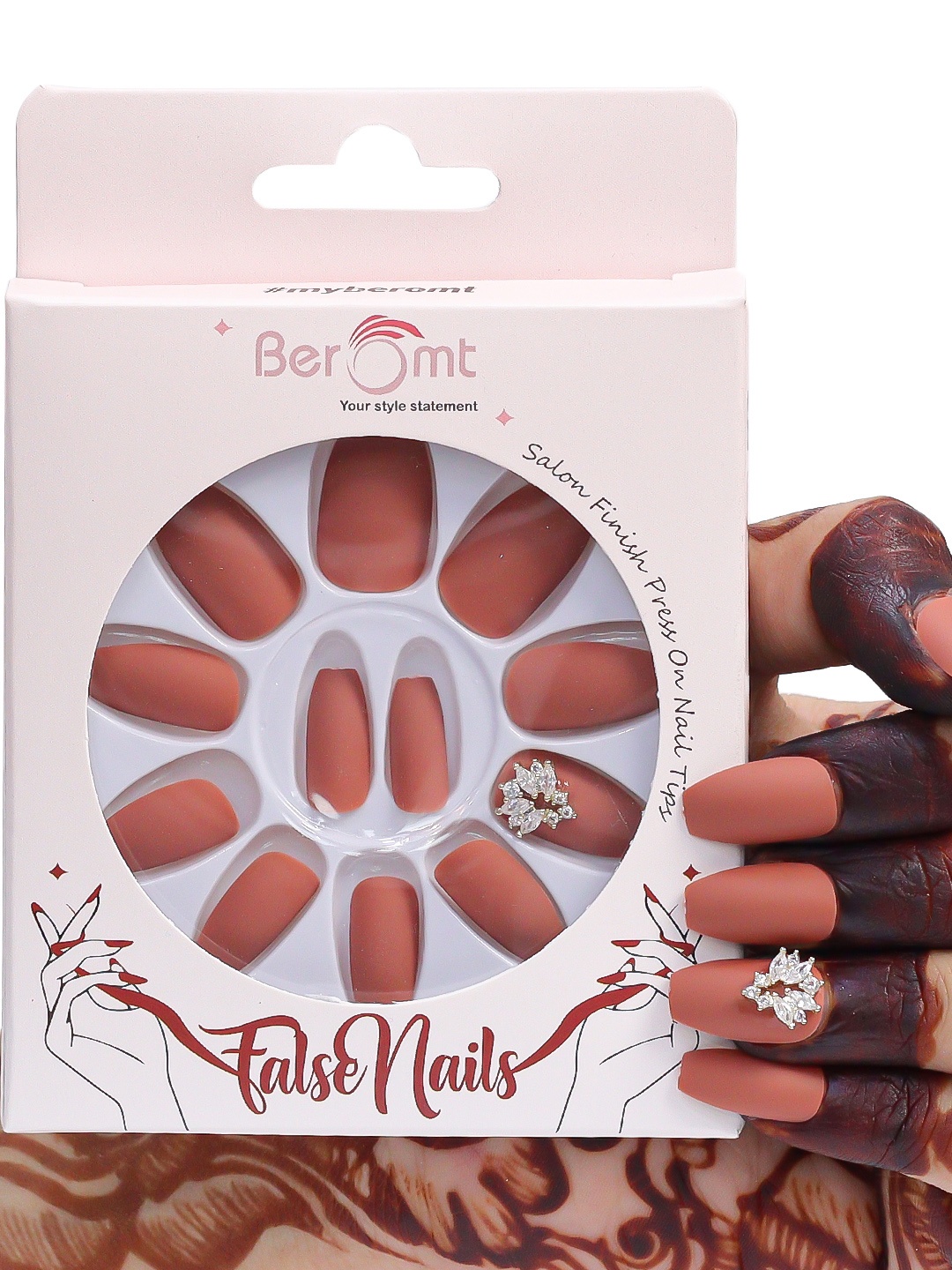 

BEROMT 12 Pcs Long-Lasting Reusable Lightweight Salon Finish Press on Nail Tips - 15, Brown