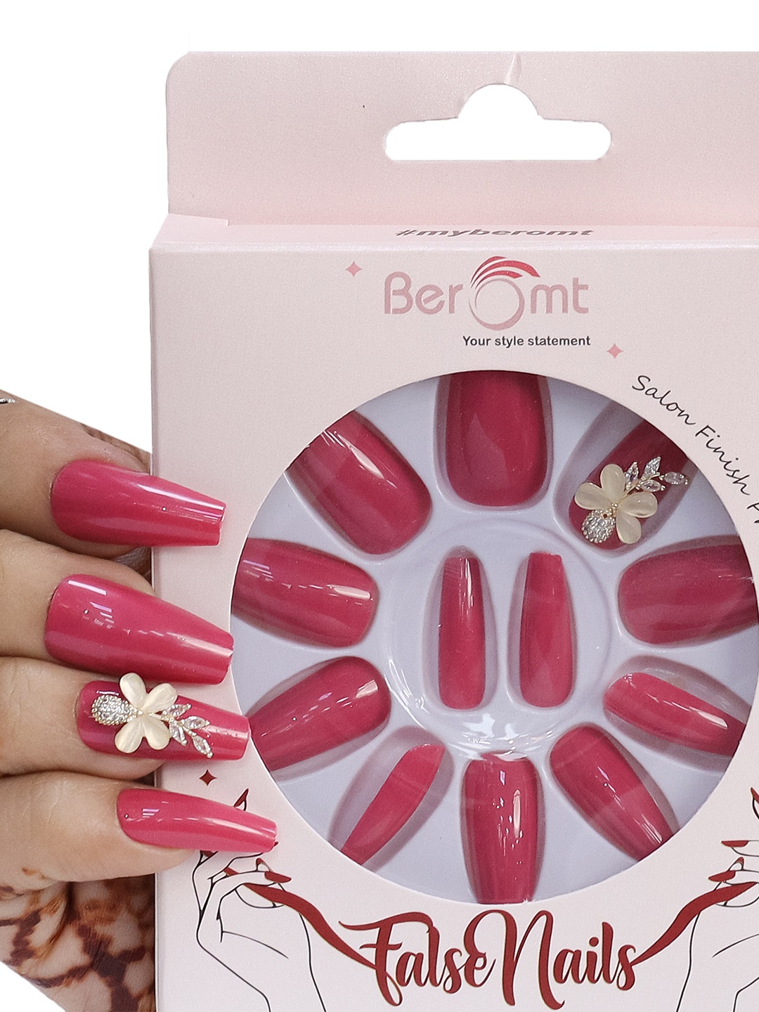 

BEROMT 12 Pcs Long-Lasting Reusable Lightweight Salon Finish Press on Nail Tips - 03, Pink