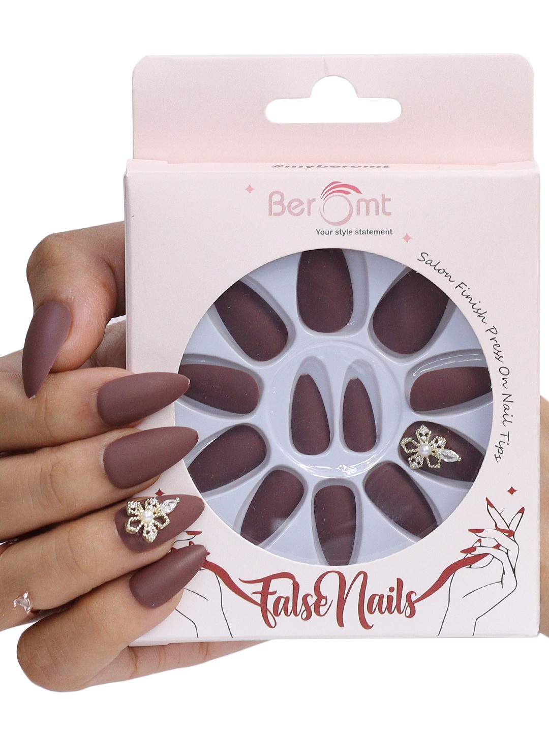 

BEROMT 12 Pcs Long-Lasting Reusable Lightweight Salon Finish Press on Nail Tips - 12, Brown