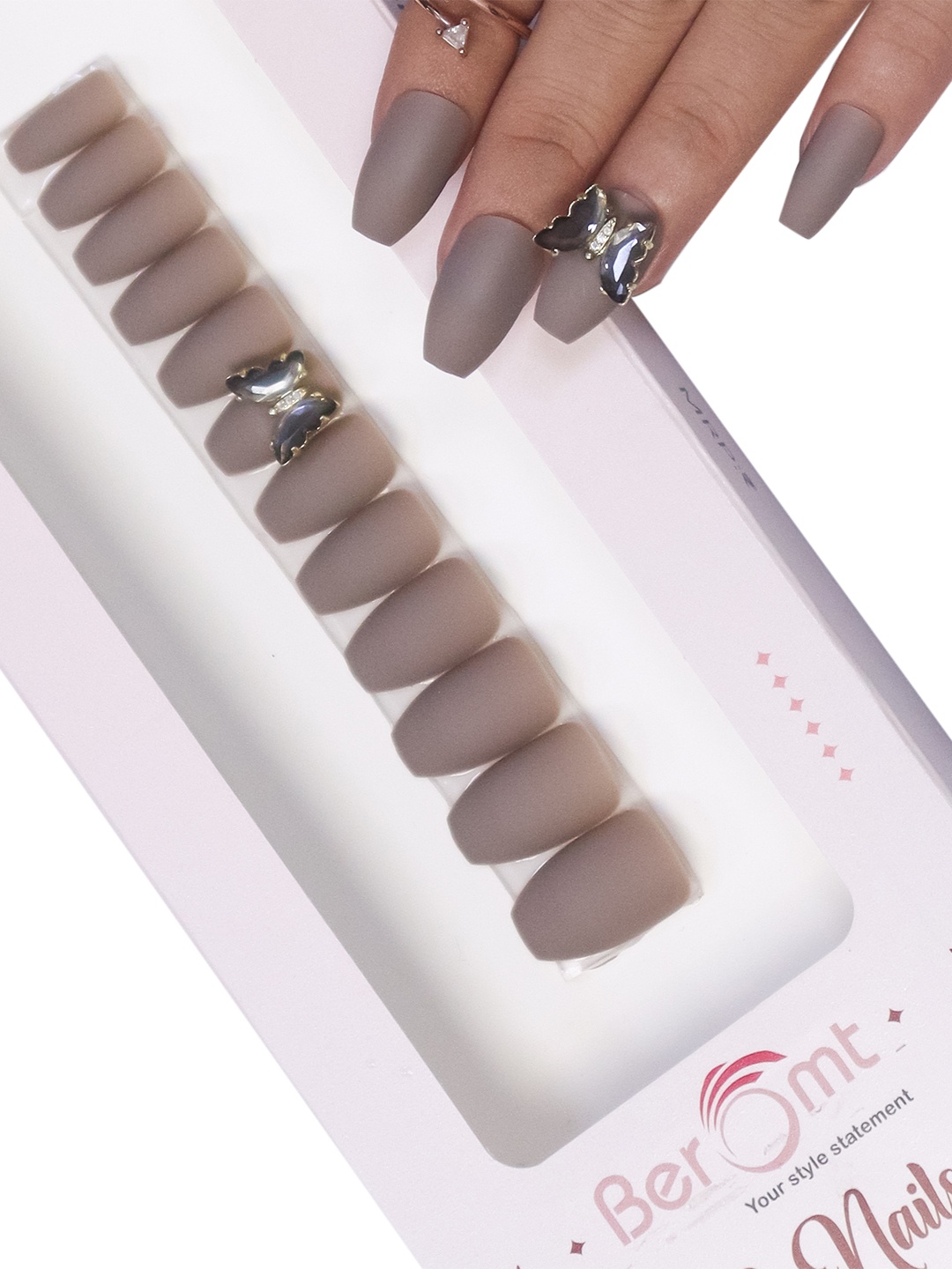 

BEROMT Salon Finish Butterfly Charm Press-On False Nail Tips Kit - Shade BFNC18BFC, Grey