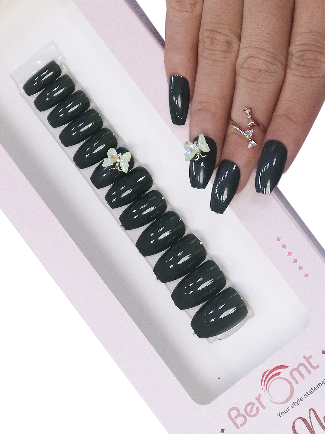 

BEROMT Salon Finish Butterfly Charm Press-On False Nail Tips Kit - Shade BFNC07BFC, Green