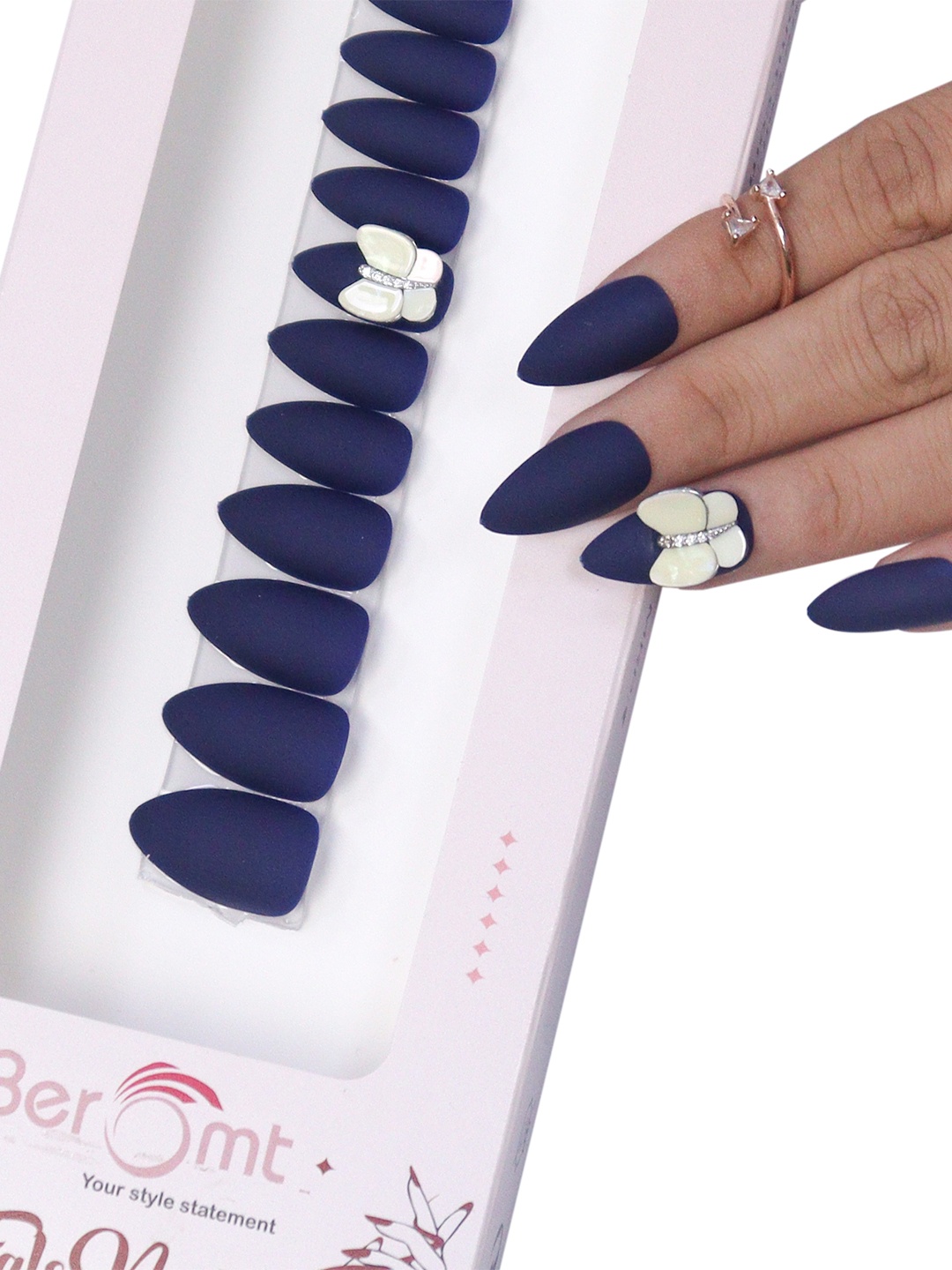 

BEROMT Salon Finish Butterfly Charm Press-On False Nail Tips Kit - Shade BFNC31BFC, Navy blue