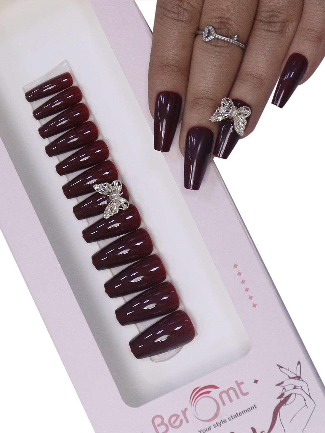 

BEROMT Salon Finish Butterfly Charm Press-On False Nail Tips Kit - Shade BFNC20BFC, Maroon