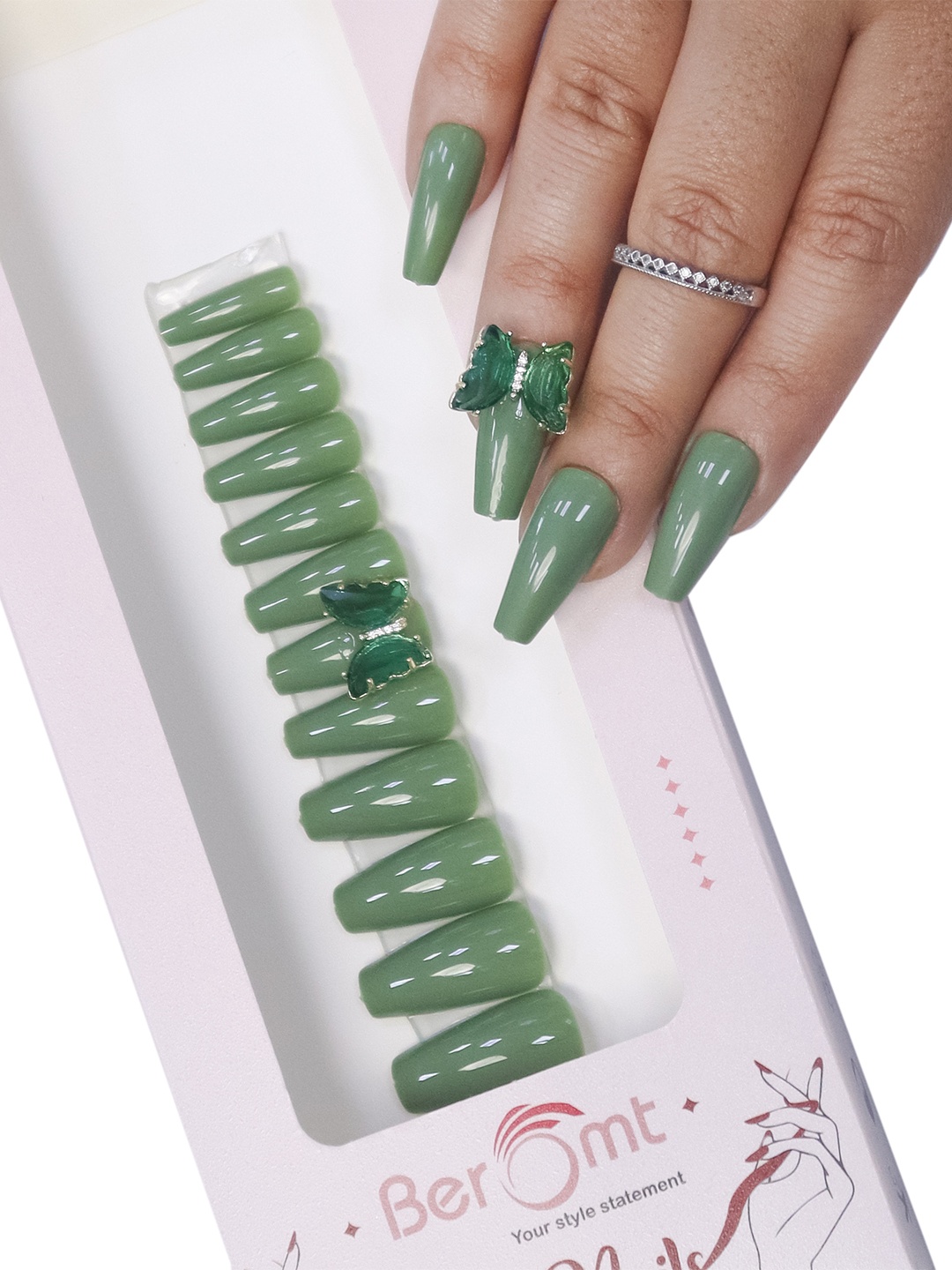 

BEROMT Salon Finish Butterfly Charm Press-On False Nail Tips Kit - Shade BFNC12BFC, Green