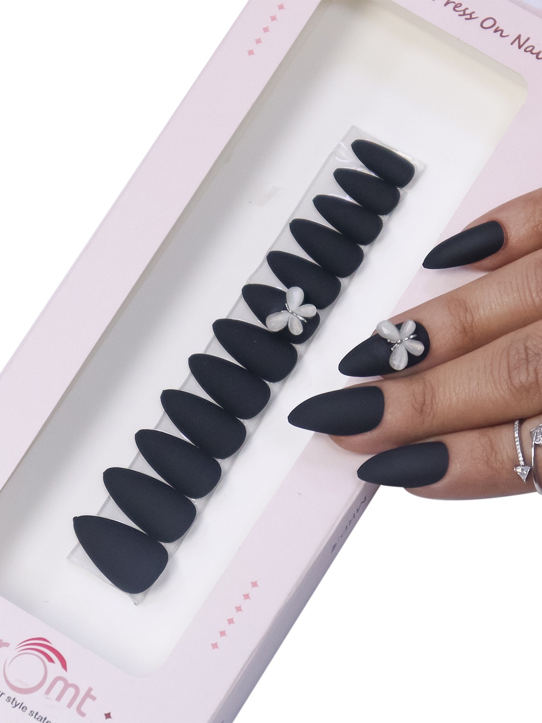 

BEROMT Salon Finish Butterfly Charm Press-On False Nail Tips Kit - Shade BFNC29BFC, Black