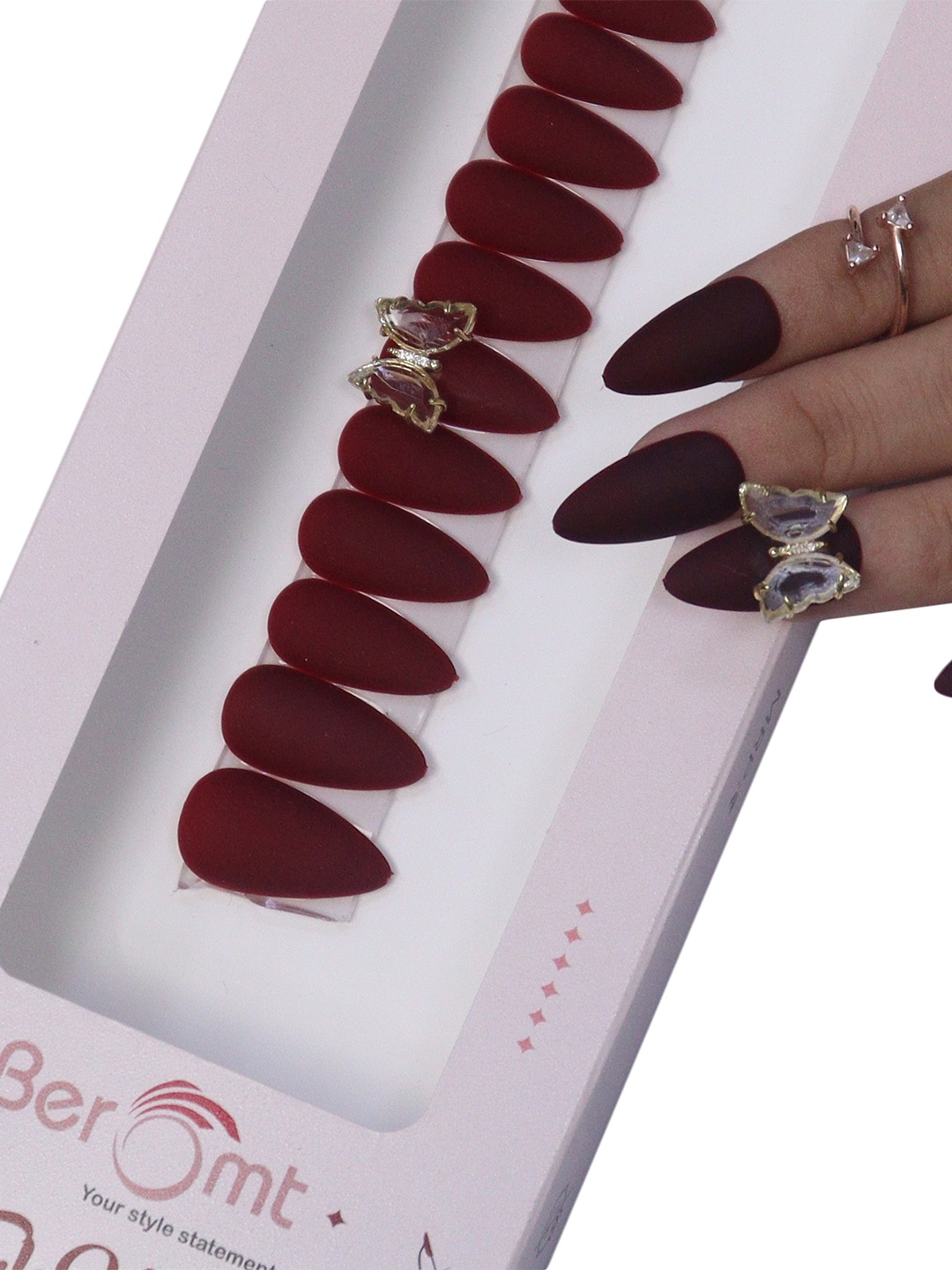 

BEROMT Salon Finish Butterfly Charm Press-On False Nail Tips Kit - Shade BFNC15BFC, Coffee brown