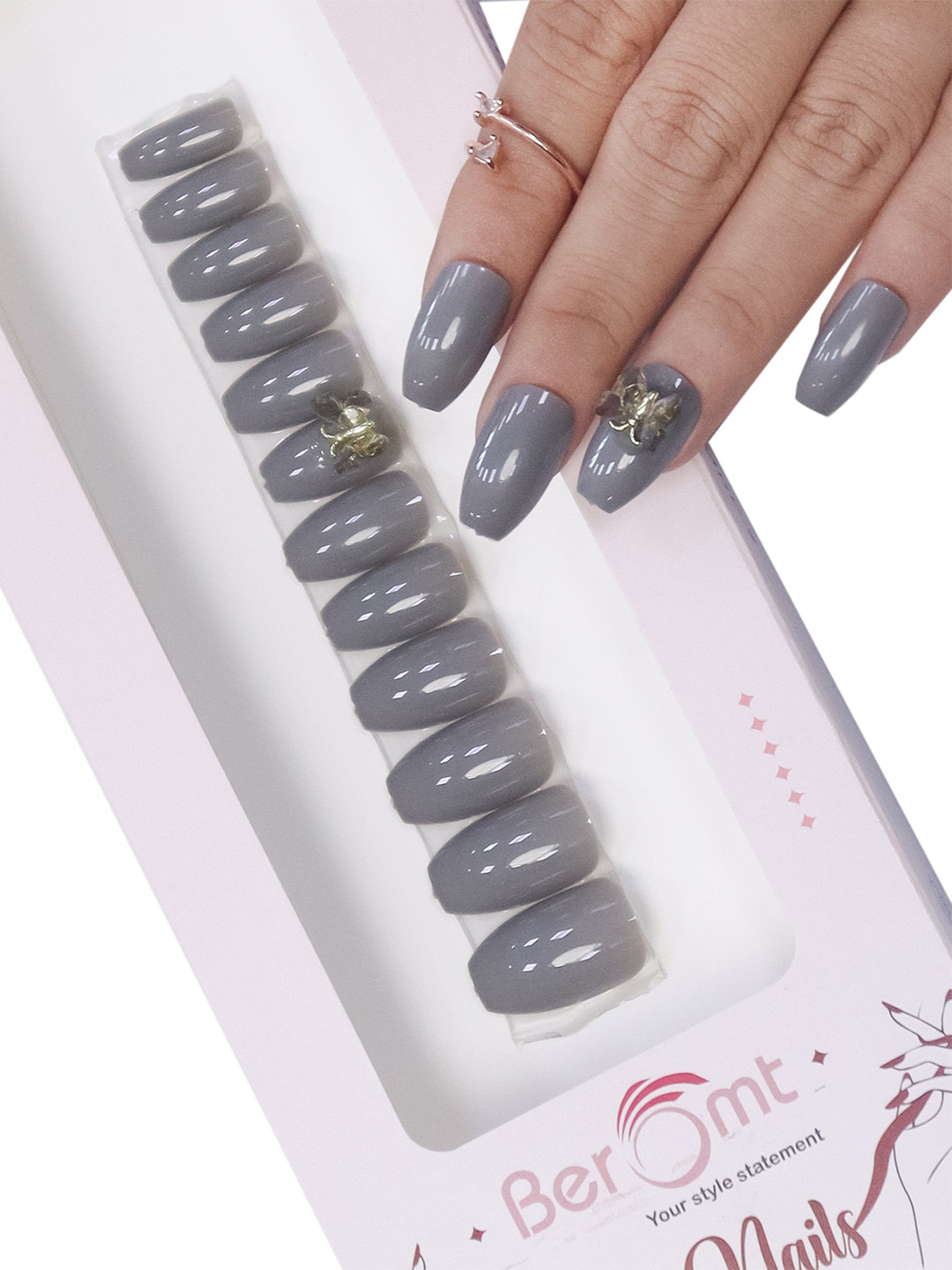 

BEROMT Salon Finish Butterfly Charm Press-On False Nail Tips Kit - Shade BFNC08BFC, Grey