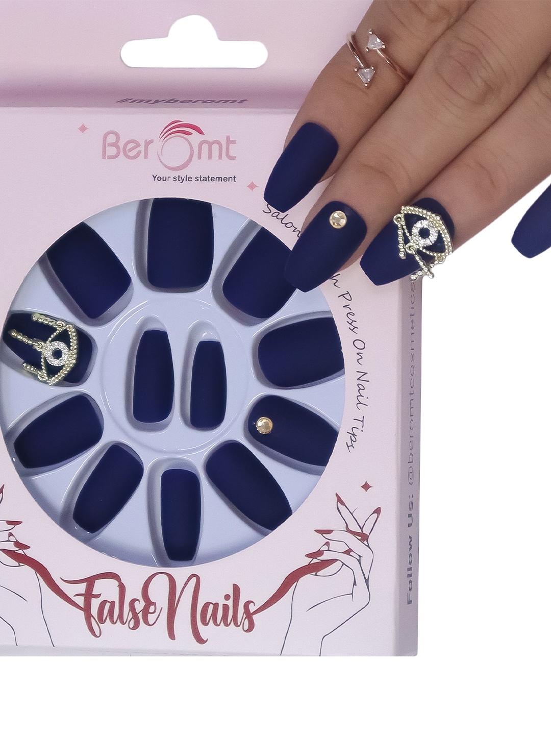 

BEROMT 12 Pieces Unique Charm Salon Finish Press on Nails Set - Shade 13, Navy blue