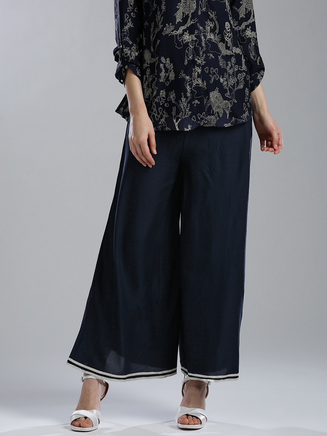 

W Women Navy Blue Flared Solid Palazzos