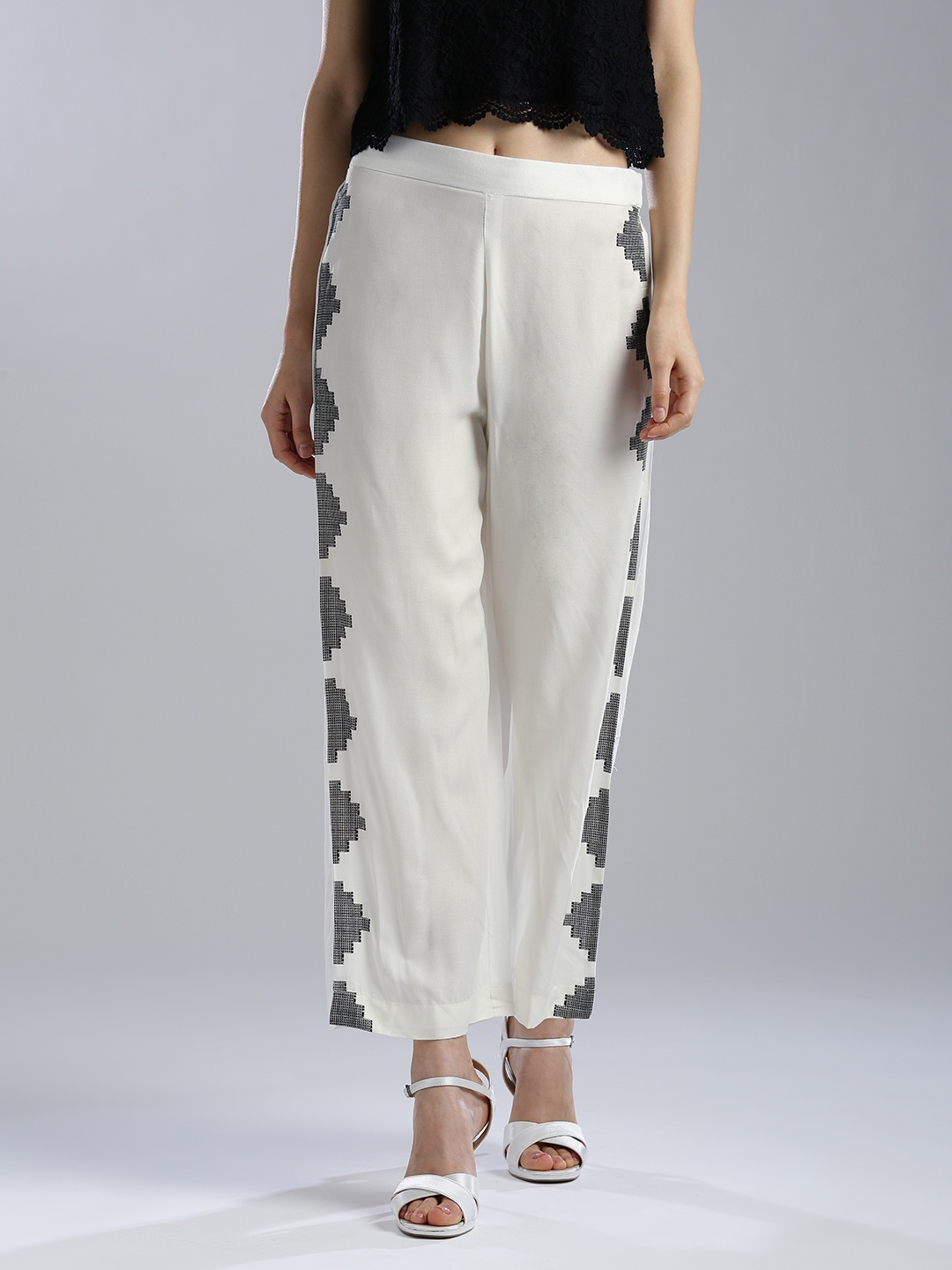 

W Women White Printed Straight Palazzos