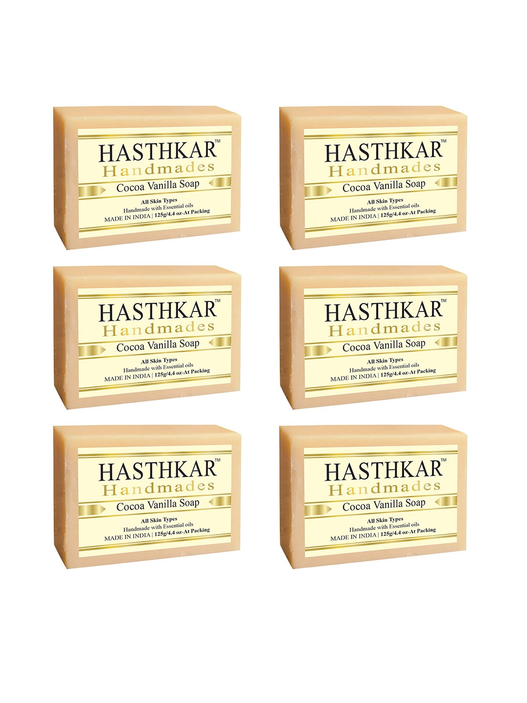 

Hasthkar Set Of 6 Handmades Cocoa Vanilla Soaps for All Skin Types - 125 g Each, Cream