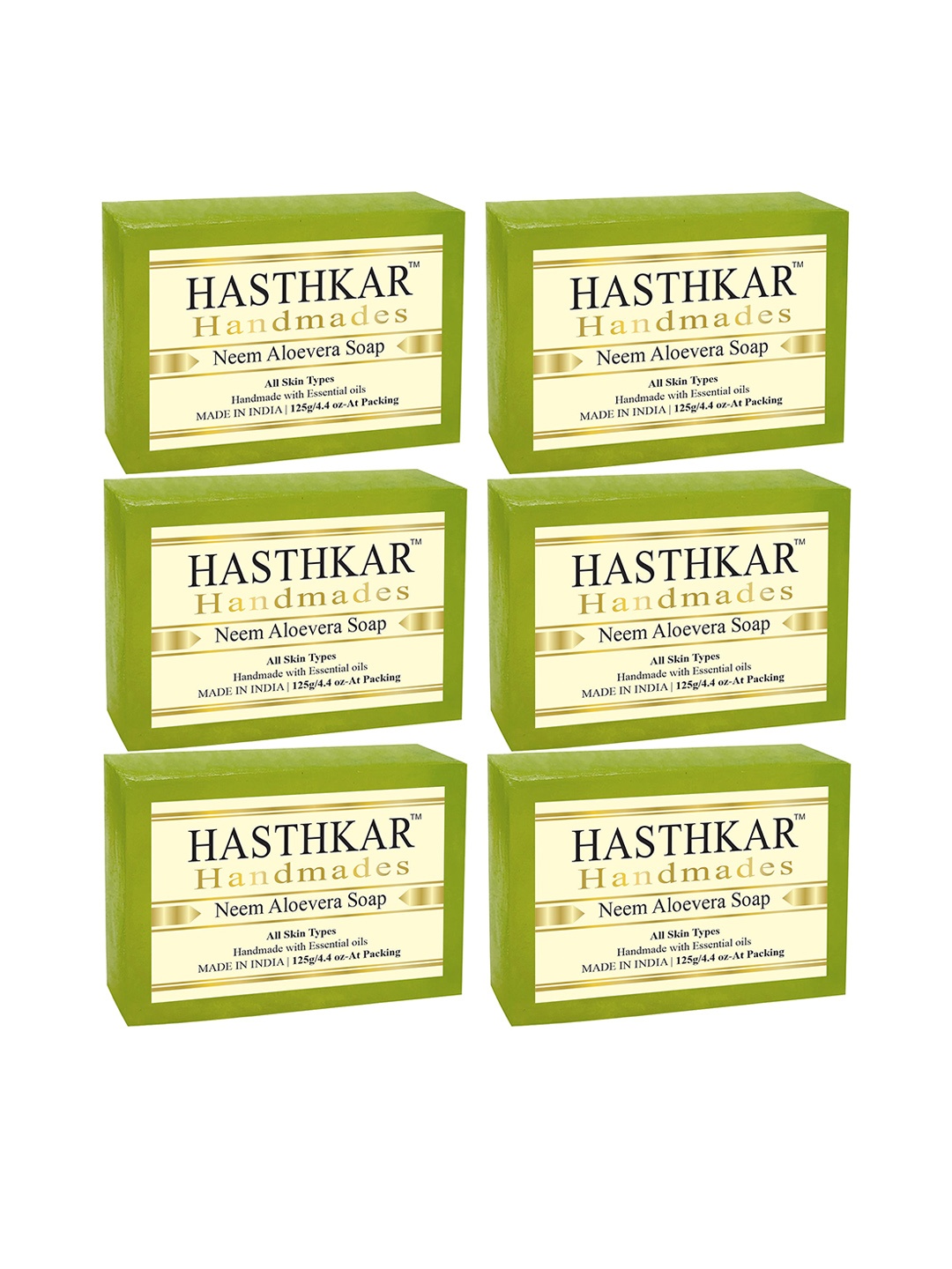 

Hasthkar Set of 6 Neem Aloe Vera Handmade Soaps for All Skin Types - 125 g Each, Green