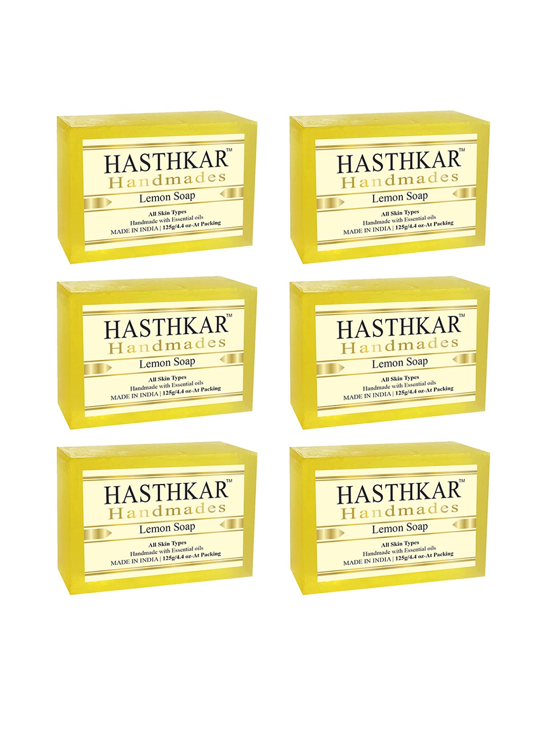 

Hasthkar Set of 6 Lemon Handmade Soaps for All Skin Types with Essential Oils - 125g Each, Yellow