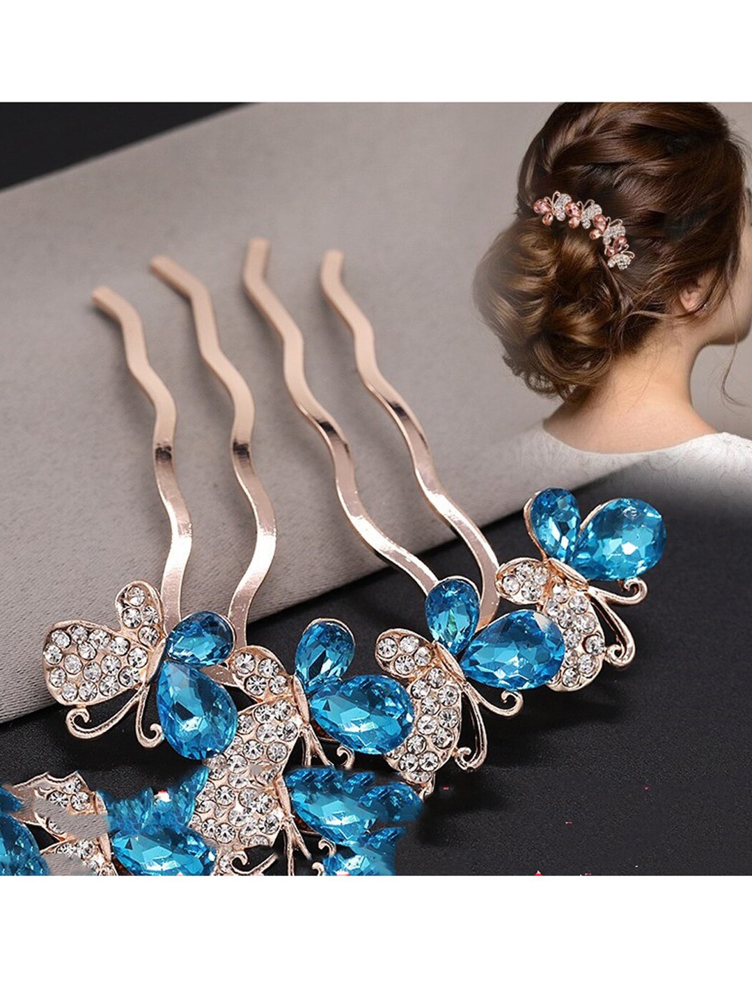 

MIZORRI Women Blue & Gold-Toned Embellished Bumpit Hair Pin