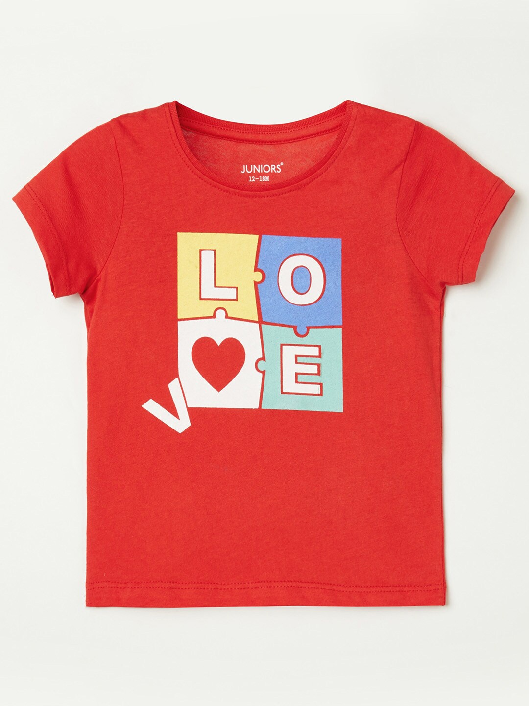 

Juniors by Lifestyle Girls Red & crimson Printed Pure Cotton Applique T-shirt