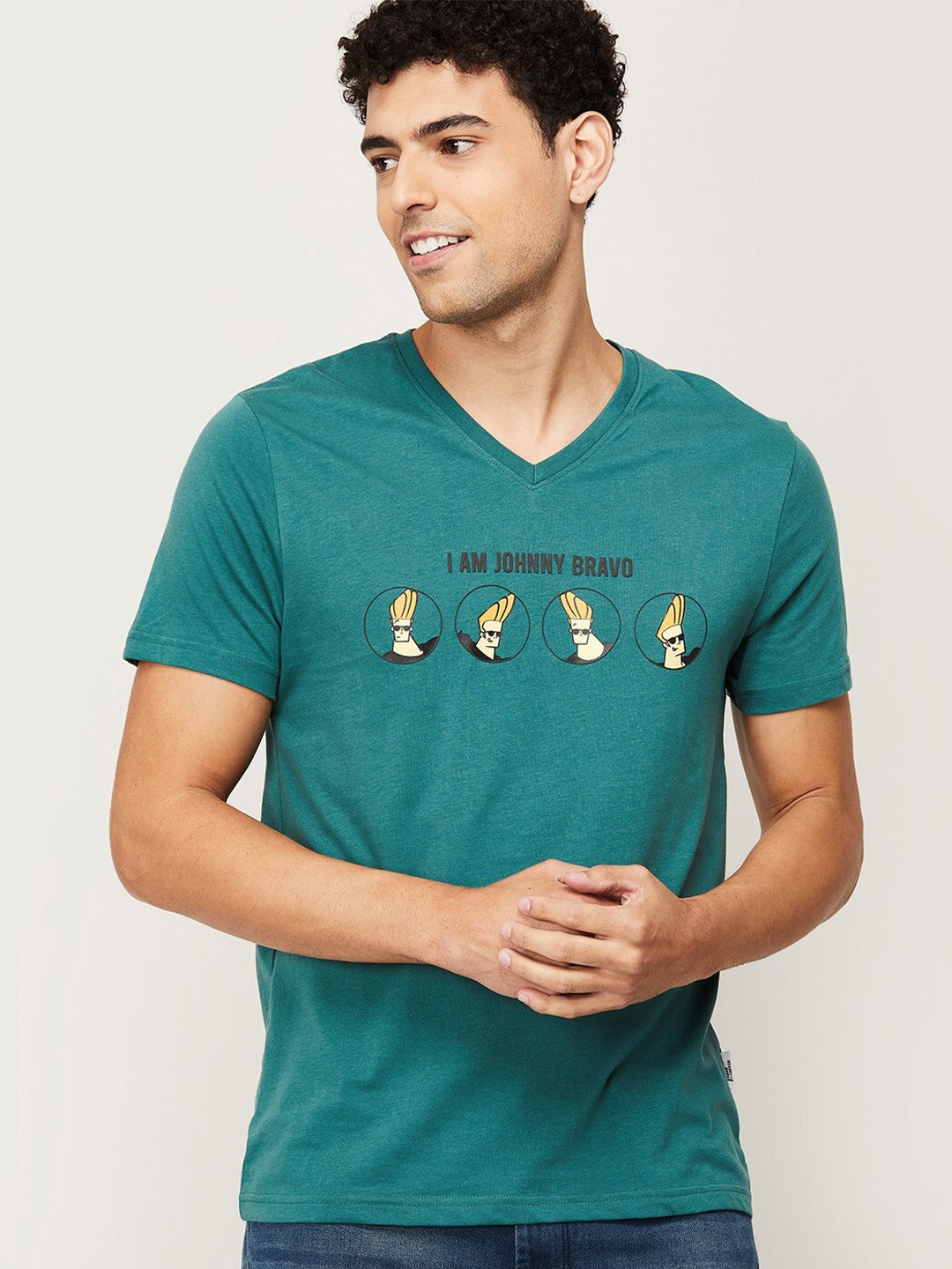 

Fame Forever by Lifestyle Men Green Typography Printed V-Neck Applique T-shirt