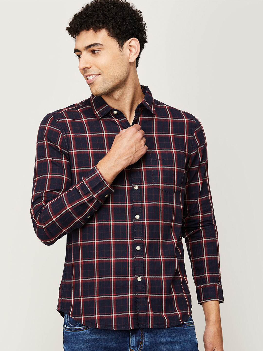 

Forca by Lifestyle Men Navy Blue Windowpane Checks Checked Casual Shirt