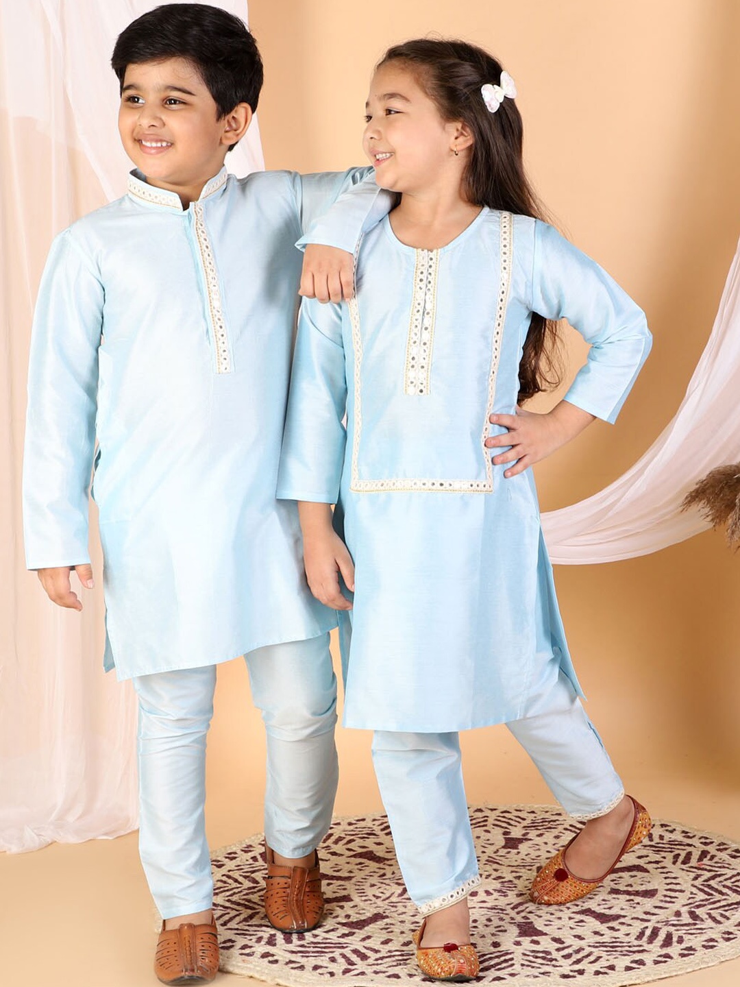 

VASTRAMAY Boys Blue Mirror Work Kurta And Pyjama Set