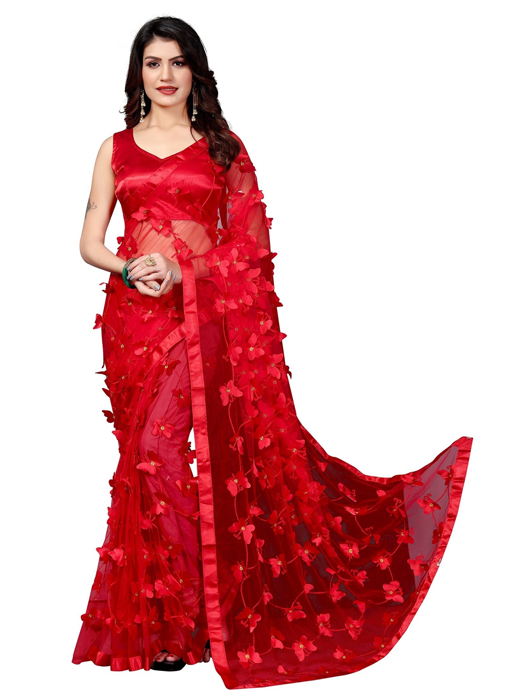 

APNISHA Red Floral Net Saree