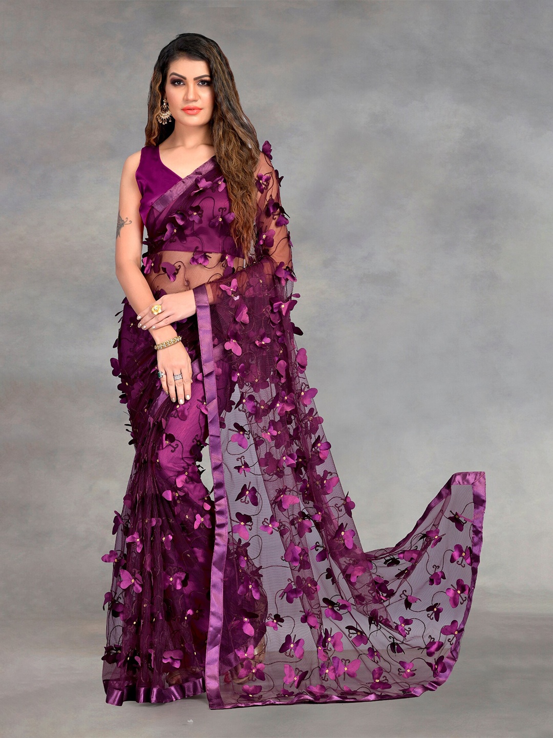 

APNISHA Purple Floral Embroidered Net Saree