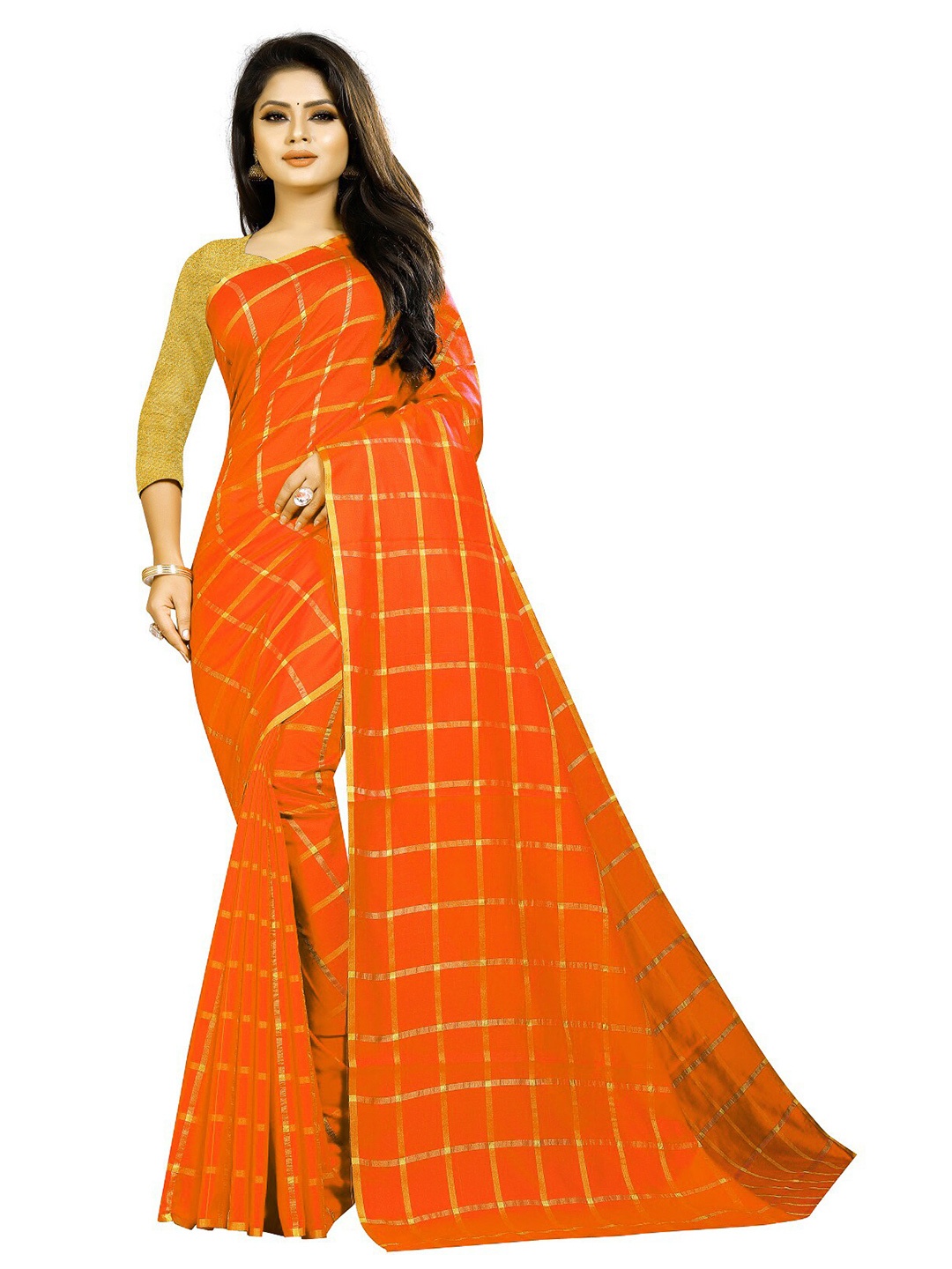 

APNISHA Orange & Gold-Toned Checked Pure Silk Saree