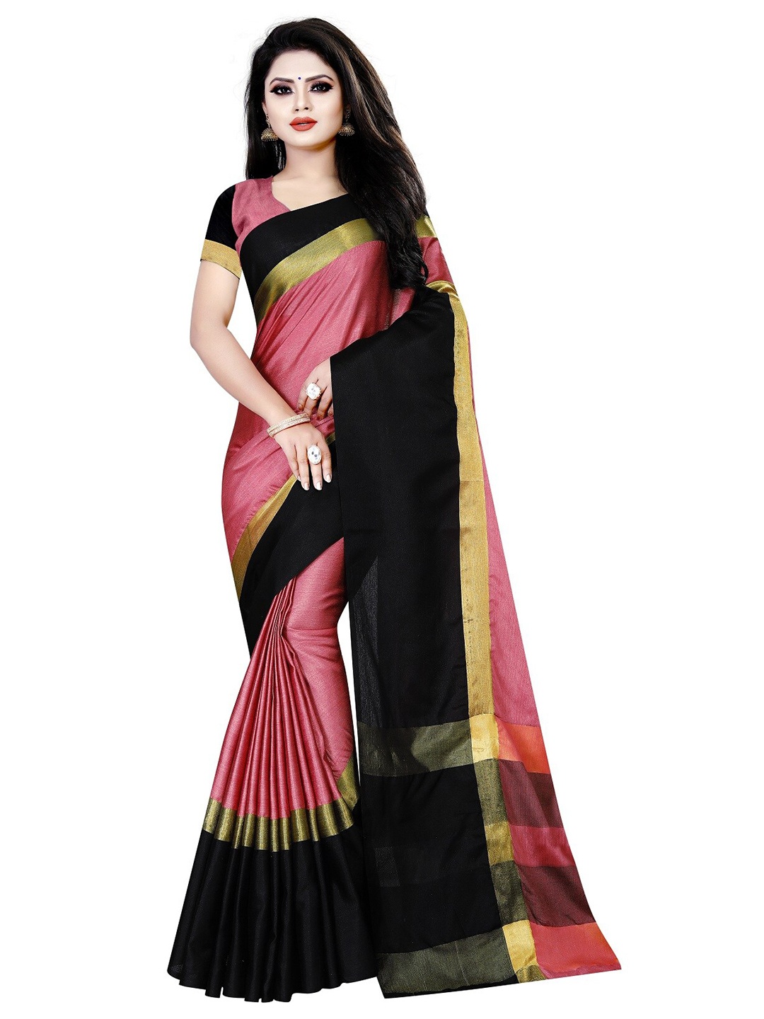 

APNISHA Peach-Coloured & Black Colourblocked Pure Cotton Saree
