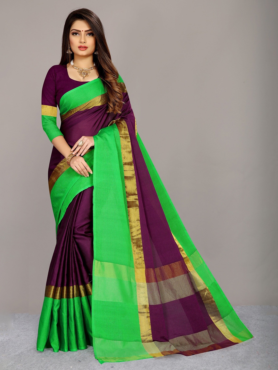 

APNISHA Purple & Green Colourblocked Pure Cotton Saree